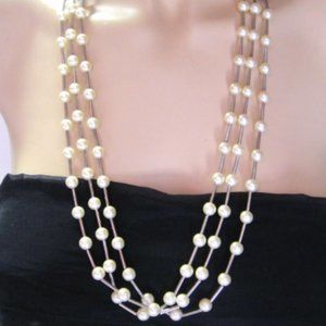 Silver Tone Faux Pearl 3 Strand Necklace